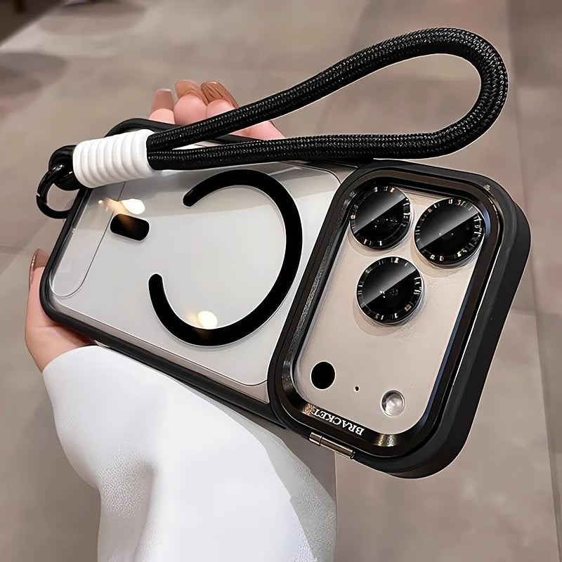 Camera Bracket Acrylic Magnetic Phone Case for IPhone 17 Air 17 16 15 14 Plus 13 12 11 Pro Max  with Wrist Strap Lens Film Cover