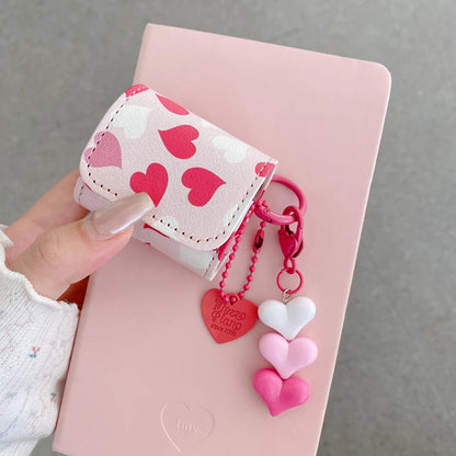 Y2K Sweet Girly Pink Gradient Love Heart Flip Faux Leather With Pendant Earphone Cover Case for AirPods 1 or 2 3 4 5 Pro 2 Pro 3