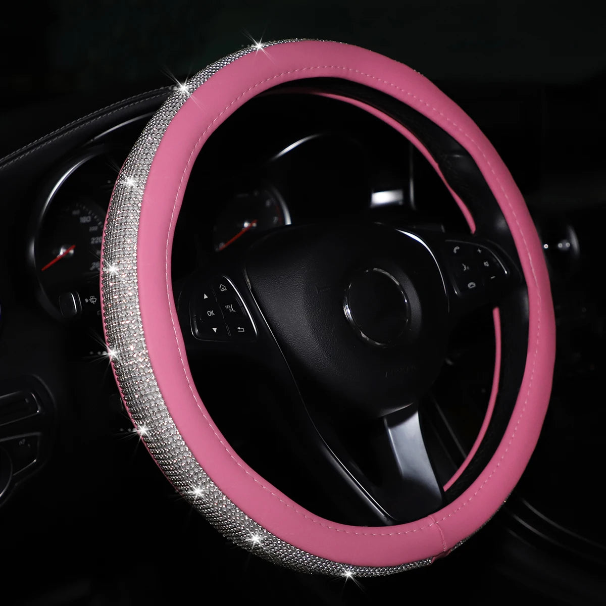 Women's PU Leather Car Interior Wheel Cover with Flashing Mesh Rhinestones for 14.5-15 Inch Car Accessories