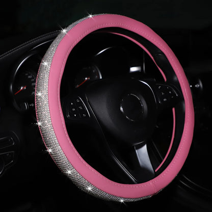 Women's PU Leather Car Interior Wheel Cover with Flashing Mesh Rhinestones for 14.5-15 Inch Car Accessories