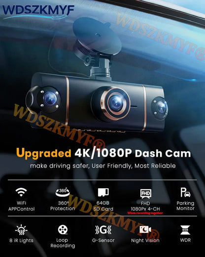 4K Quad Lens Car Camera WIFI Dashcam 360° Coverage Car DVR 24H Parking Monitor Starlight Night Vision Car Security Accessory