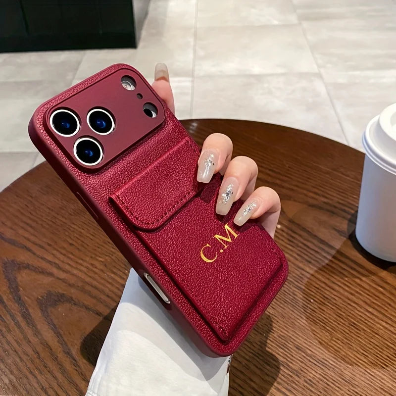 Custom Initials Name Letter Card Bag Leather Case For iPhone 17 16 15 14 13 12 11 Pro Max Air Card Slot Holder Shockproof Cover
