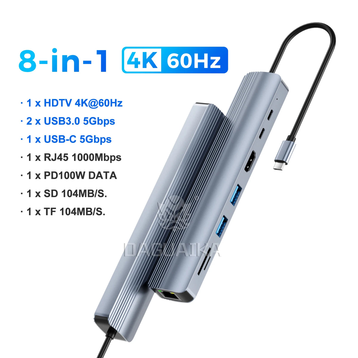 8-in-1 USB C Hub Docking Station with 1000Mbps Ethernet HDTV 4K60Hz 2 USB3.0 2 USB-C Ports Adapter PD 100W Max Charging Data
