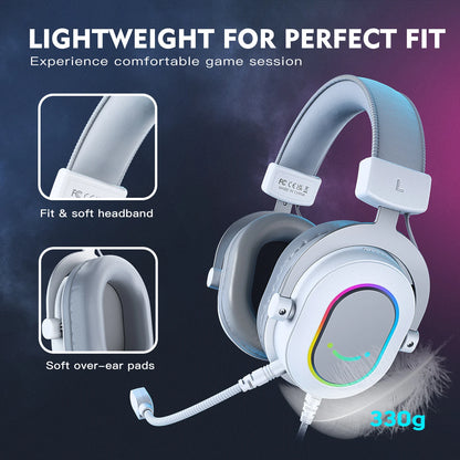 FIFINE RGB Gaming Headset with 7.1 Surround Sound/3-EQ/MIC,Over-ear Headphone with In-line Control for PC PS4 PS5 Ampligame-H6W