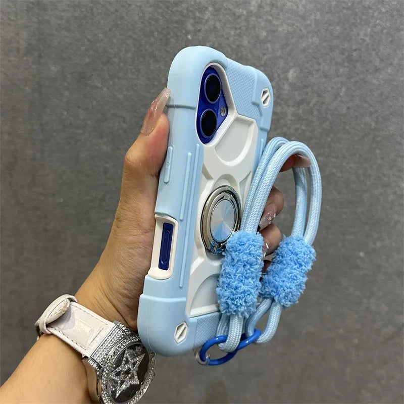 Luxury Heavy Duty Ring Holder Lanyard Case for iPhone 17 18 ProMax PC TPU Armor Cover for iPhone 11 12 13 14 15 16 Pro Max Plus