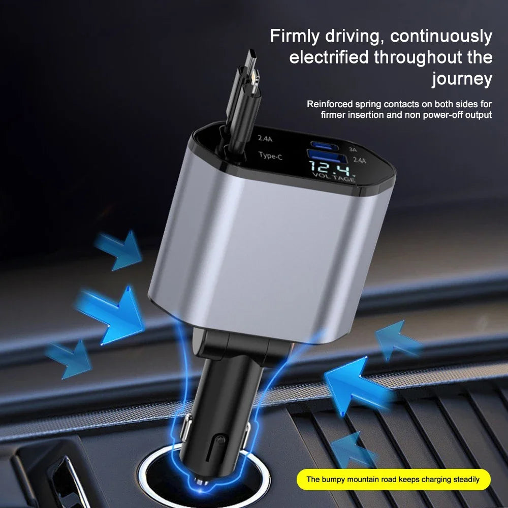 Car Charger Adaptor 120W Fast Charge USB Type C Fast Charger Cable with Retractable Cords Fit for iPhone 16/15/14/13/12 Samsung