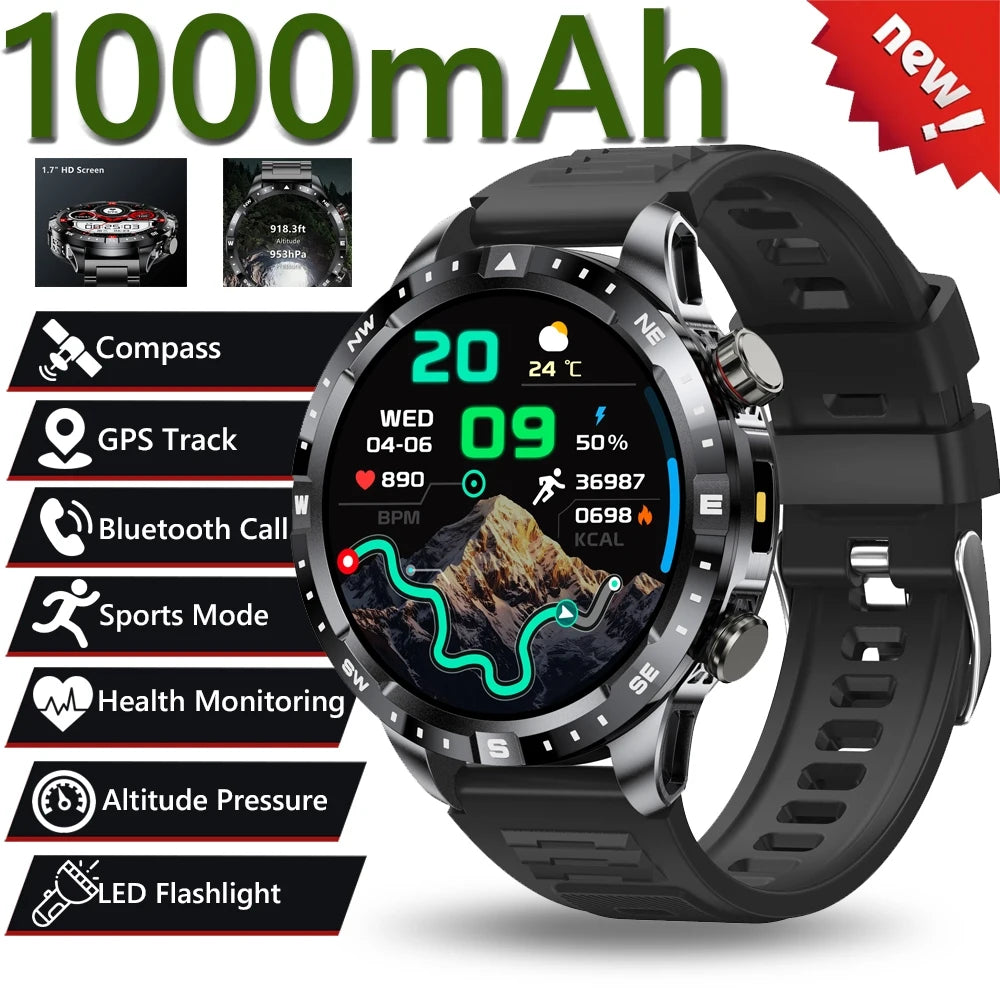 2026 New Military 1000mAh Battery Smart Watch 1.7-inch HD Large Screen LED Flashlight Sport Mode Bluetooth Call Smartwatch Men
