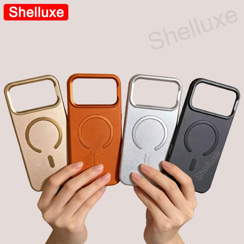 For IPhone17 Pro Max Leather Magnetic Phone Case Shelluxe For iPhone 17 Air 16 15 14 13 12 Pro Max Cases Lens Metal-Frame Cover