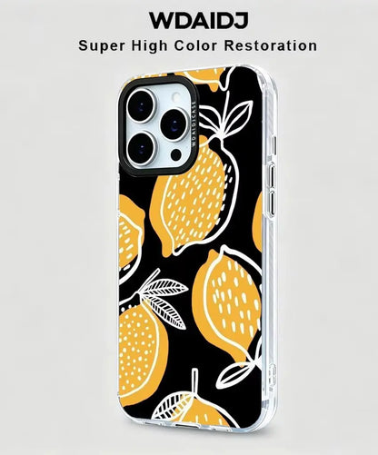 Hand Drawn Yellow Lemon Sketch Phone Case Black Base Citrus Art For iPhone 13 14 15 16 17