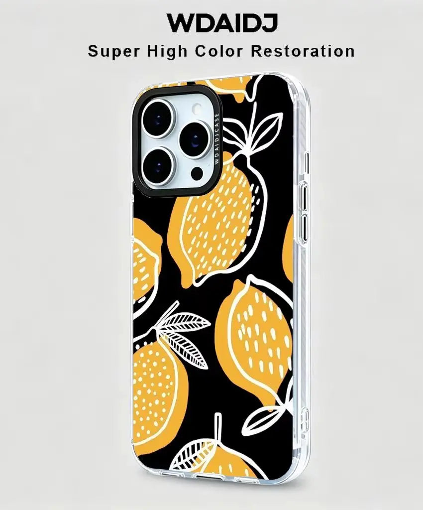 Hand Drawn Yellow Lemon Sketch Phone Case Black Base Citrus Art For iPhone 13 14 15 16 17