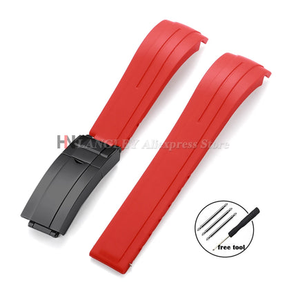 Curved Rubber Watch Bracelet 20mm 21mm 22mm for Rolex Green Water Ghost for Oysterflex Waterproof Silicone Folding Buckle Straps
