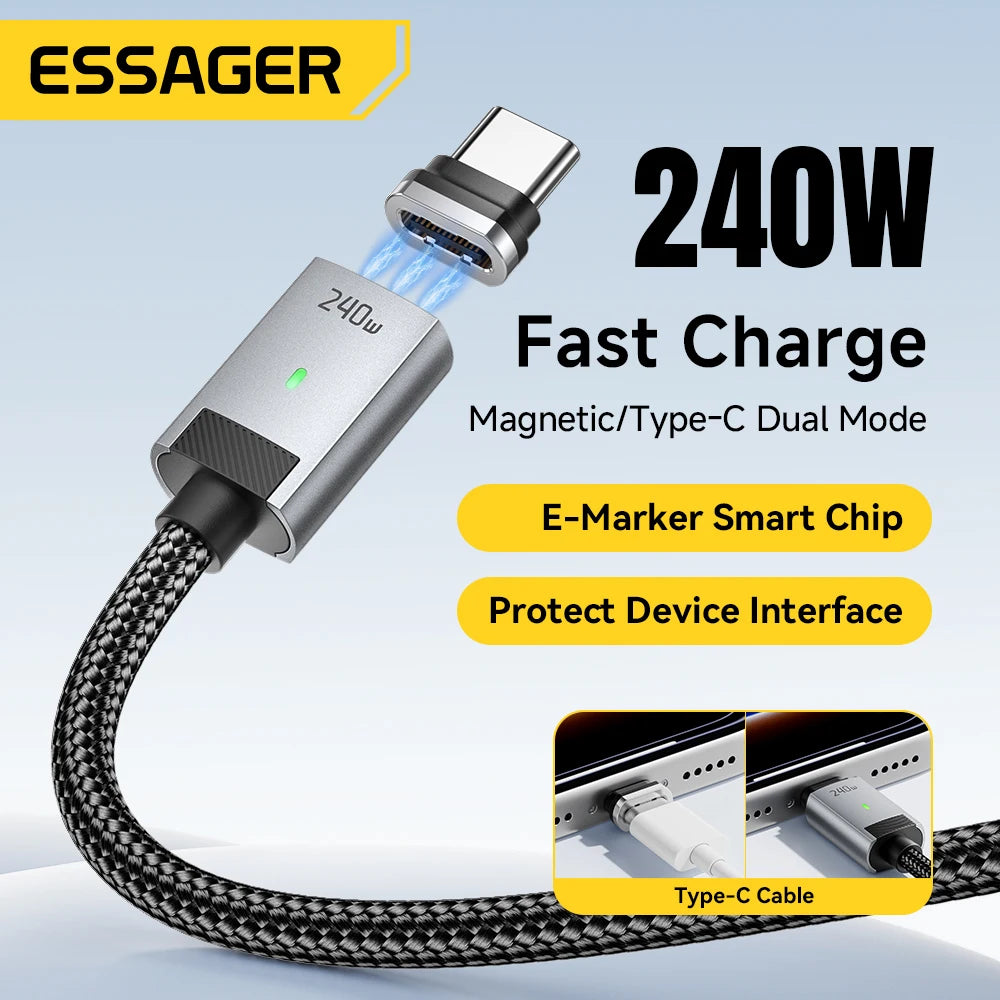 Essager 240W Magnetic Charging Cable E Marker USB C To Type C Cable PD3.1 Fast Charging For iPhone 17 16 Samsung S25 iPad Laptop