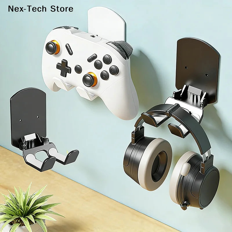 Wall Mounted Gaming Headset And Controller Bracket Base - No Punching Easy Install Storage Rack For Game Accessories