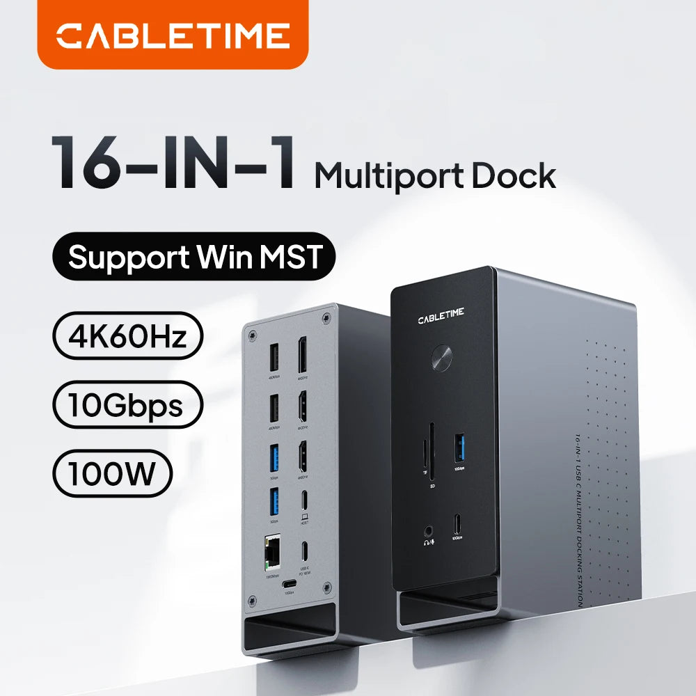 CABLETIME 16 IN 1 USB C Dock Station 4K60Hz HDMI MST Microchip PD100W 10Gbps Type C 1000Mbps Lan Port for Laptop Macbook Pro