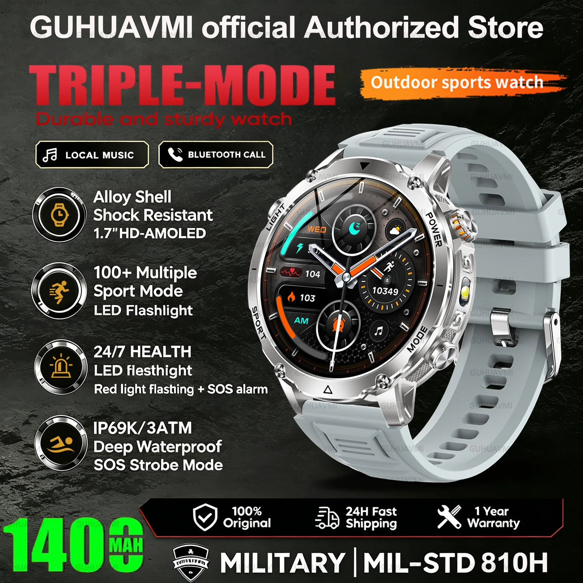 2026 New Smart Watch Bluetooth Call 1400mAh Large Battery Sport Heart Rate 1.7" Military Outdoor Men Smartwatch For Android IOS