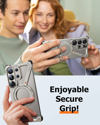 Eary Z Shape for Samsung Galaxy S26 Ultra Phone Case Frameless Metal Protective Case 360°Rotate Magnetic Stand Shockproof Cover