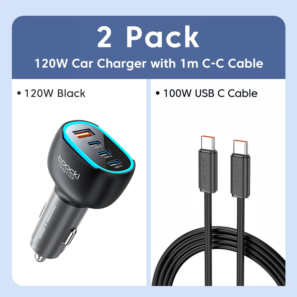 Toocki 120W Mini Car Charger Qi2.2 45W Max USB C PD PPS QC Fast Charging LED Light Zinc Alloy Phone Charger for iPhone17 Samsung