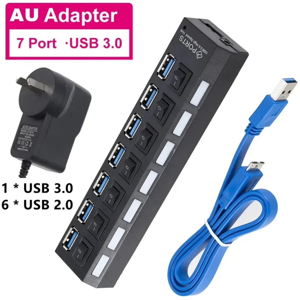 USB 3.0 2.0 Hub High Speed 4/7 Ports Multi USB Splitter USB Adapter Expander for Desktop PC Laptop Adapter with Switch Cable