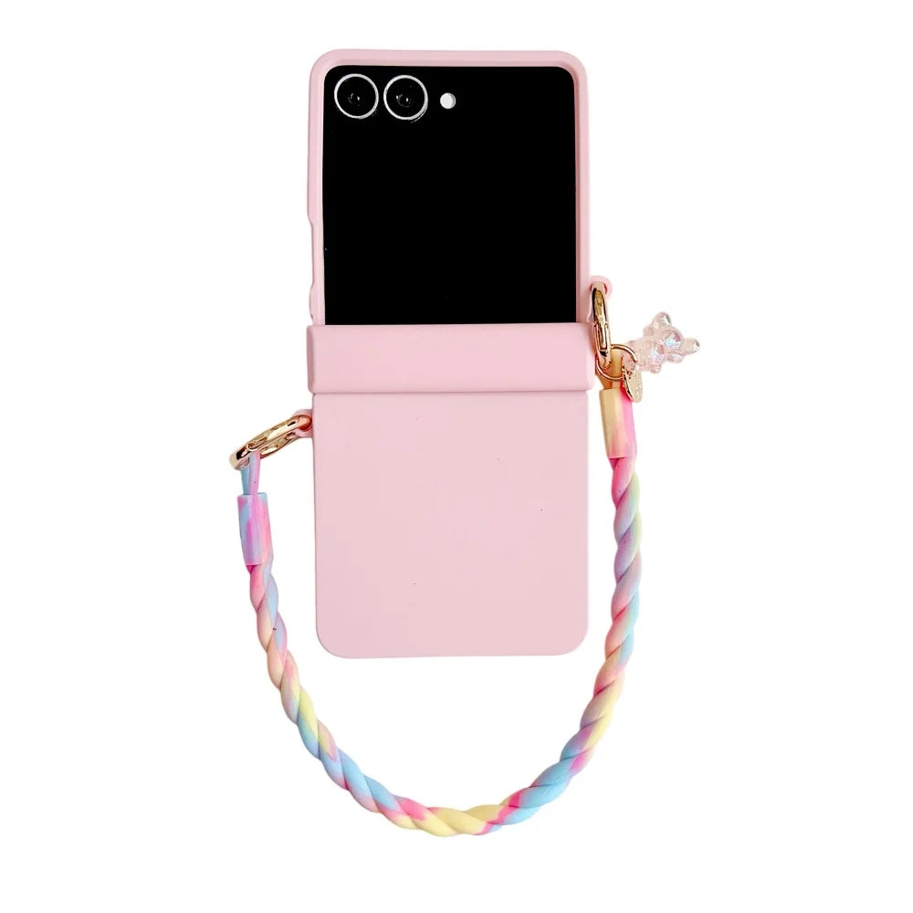 Skin Feeling Wireless Magnetic Lanyard Phone Case For Samsung Galaxy Z Flip 3 4 5 6 7 8 Macaron Gradient Cord PC Hard Shell