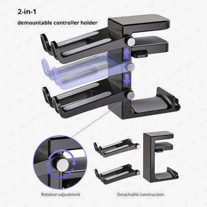 2-in-1 Controller Headphone Stand for Desk 2 Gamepad Hangers 360° Rotating Headset Holder Adjustable Clamp-on Under Desk Hook