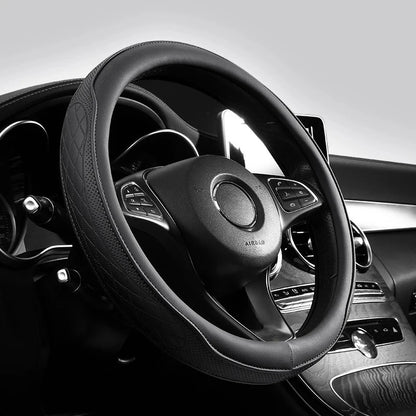 Embossed PU Leather Patchwork Car Steering Wheel Cover, Non-slip, Breathable, Universal 15 Inch (Approx. 38cm)