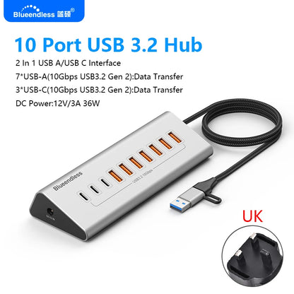 Blueendless Aluminium USB3.2 Gen2 10Gbps 7Ports 10 Ports USB-C Hub 7 in 1 10 in 1 USB-A Splitter Adapter for Laptop macbook