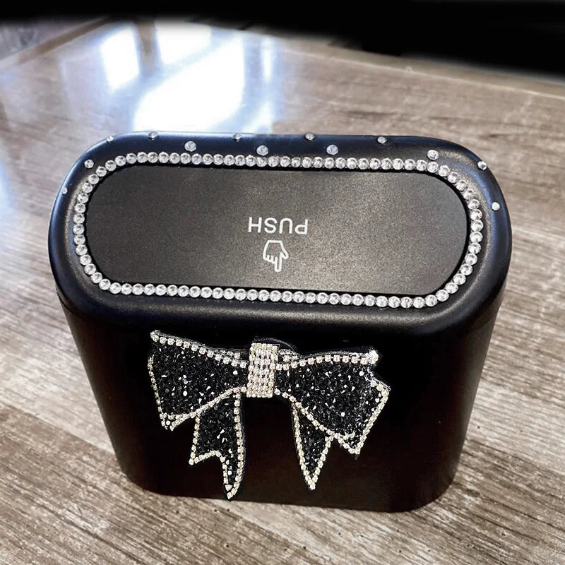 Cute Big Diamond Bowknot Car Trash Bin Hanging Vehicle Garbage Dust Case Storage Box Pressing Type Trash Can Auto Accessories