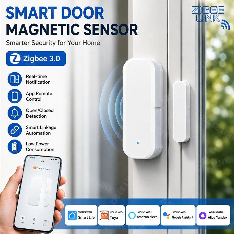 Zigbee3.0 Home Security Door Window Sensor Magnetic Open Closed Detector Remote Monitor Alarm Voice Control Via Alexa Google