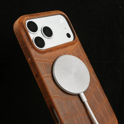 For Magsafe Case For iphone 16 15 17 Pro Max Air 17e 16e 14 Plus 13 12 Mini 11 Crazy Horse Crocodile Genuine Leather Back Cover
