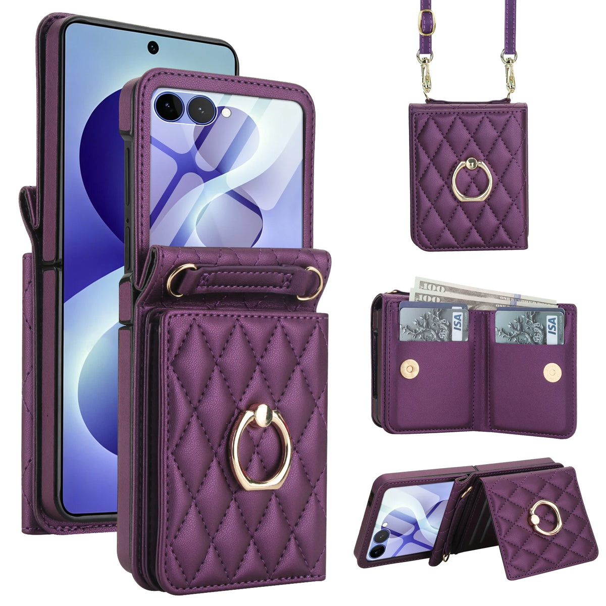 Crossbody Lanyard Leather Wallet Ring Holder Phone Case With Mirror Film For Samsung Galaxy Z Flip 8 7 6 5 4 3 Pocket Back Cover