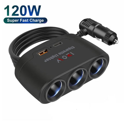 7 in 1 USB Type C Socket 120W Car Cigarette Lighter Splitter 12V 24V Fast Charger Phone Power Adapter for Car DVR GPS Dashcam