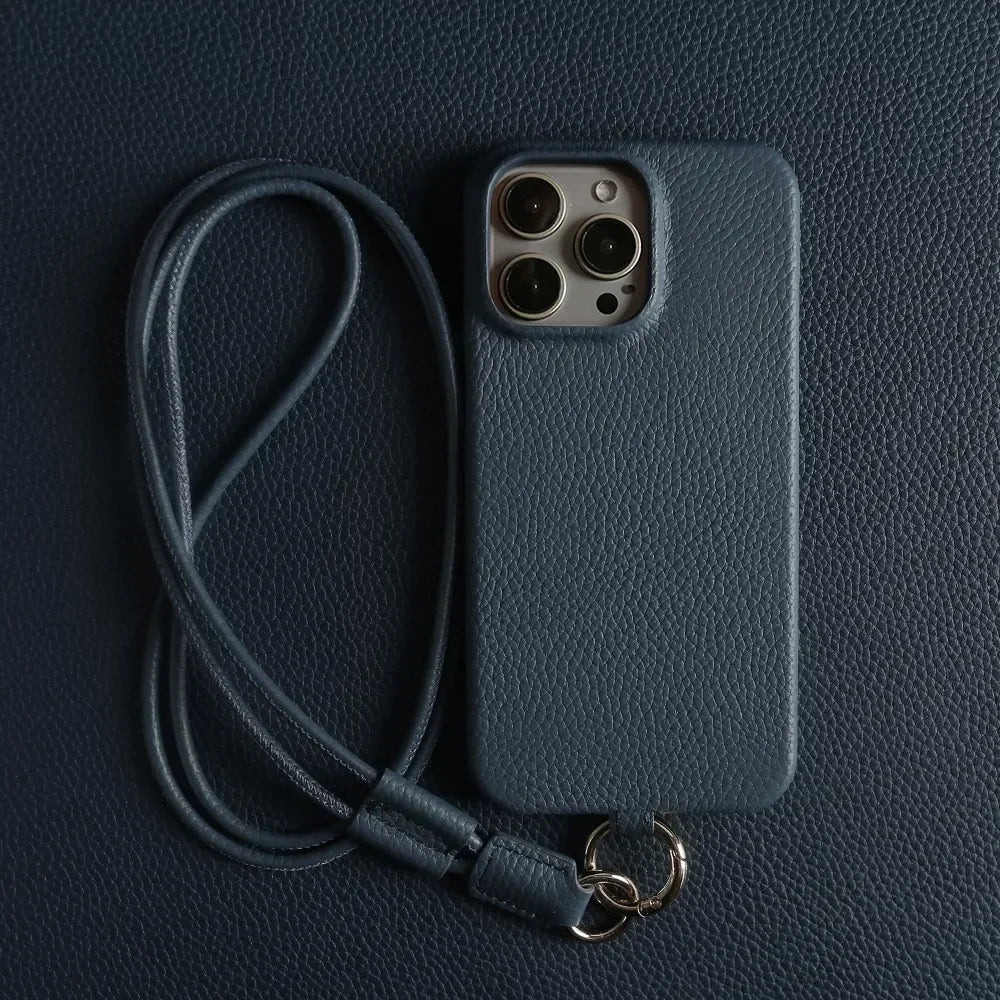 Luxury Cowhide Genuine Leather Case For iPhone 16 Pro Max 15Pro 11 13 12pro 14Pro 14 Strap Crossbody Lanyard Phone Cover Coque