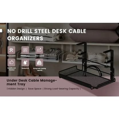 Under Desk Cable Management Tray with Storage Rack - Punch-Free, Suitable for Home Office Desktop Organization, Multi-Function