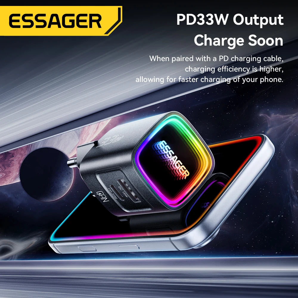Essager GaN 33W USB Type C Charger Portable PD Fast Charger For iPhone 17 16 15 14 Pro Max iPad Xiaomi Samsung S25 RGB Charger