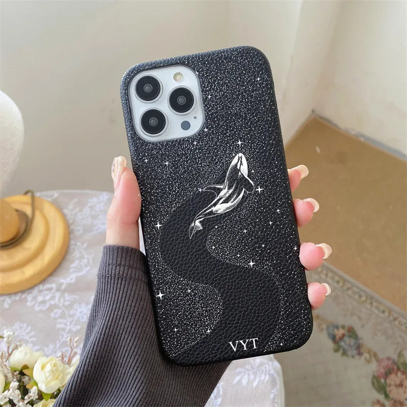 Personalised Letters Pebble Grain Leather Stars Whale Casesfor iphone 17 12 14 13 15 16 Pro Max 17 air 14Plus Luxury Hard Covers