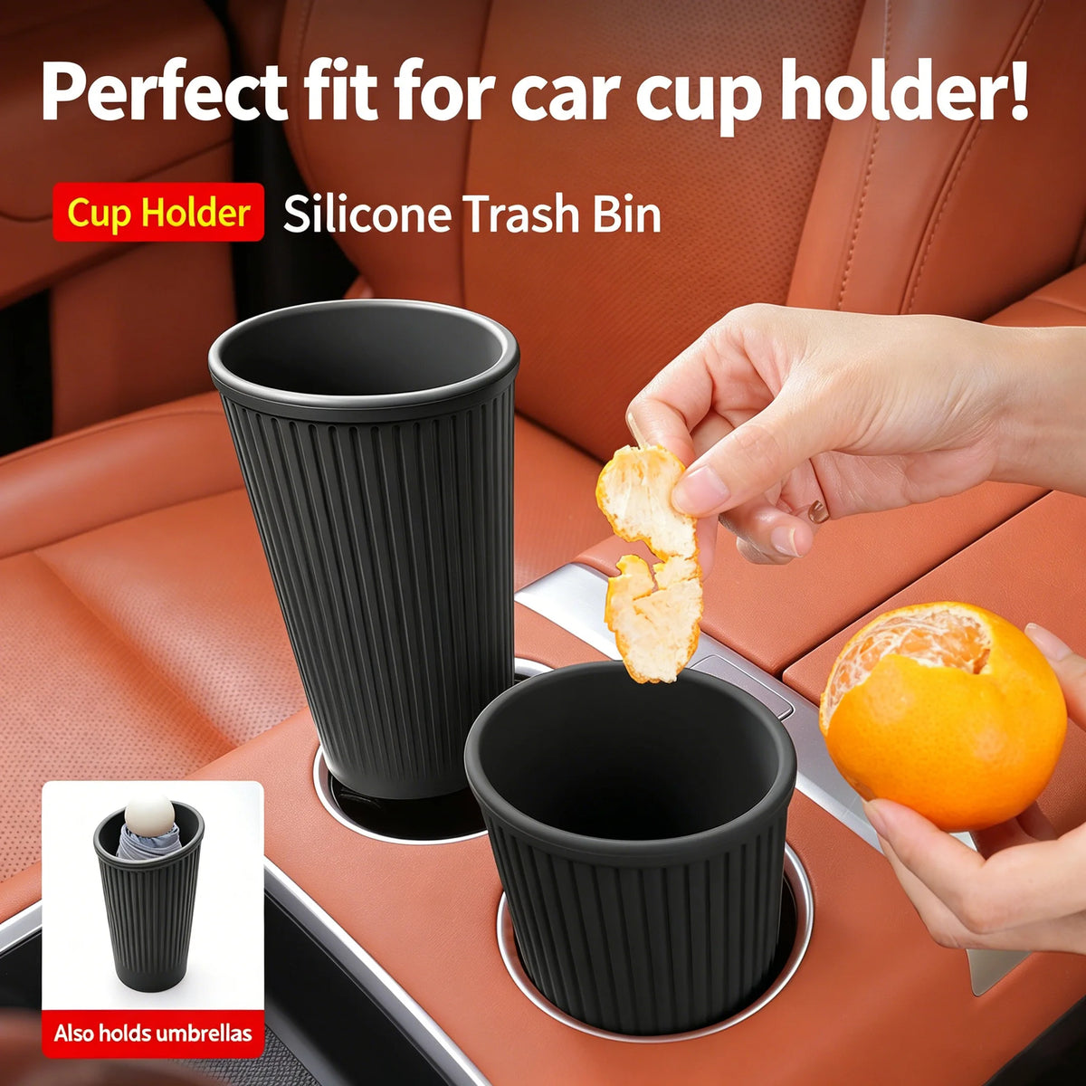 New Vertical Striped Silicone Car Trash Cup & Storage Bucket No Installation Needed Portable Waste Holder for All Auto Models