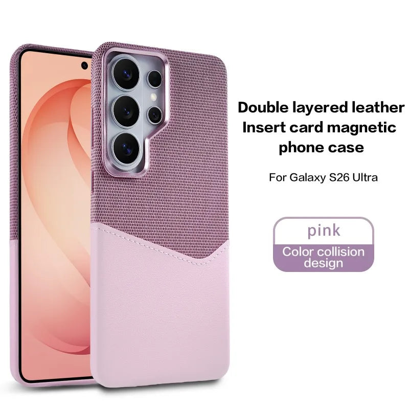 Card Slot Holder Linen Leather MagSafe Phone Case For Samsung S26Ultra S25Ultra S24U Magnetic Wireless Charging Shockproof Cover