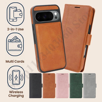 2 In 1 Leather Flip Case For Google Pixel 9 9pro 9A 10 10pro Pro XL 10A Cash Card Slots Holder Wireless Charging Phone Cover
