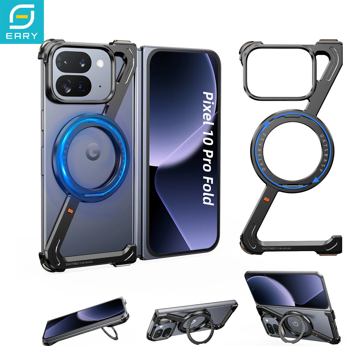Eary Frameless Case for Google Pixel 9 10 Pro Fold 360°Rotatable Magnetic Ring Stand Phone Case Metal Drop Shockproof Protective