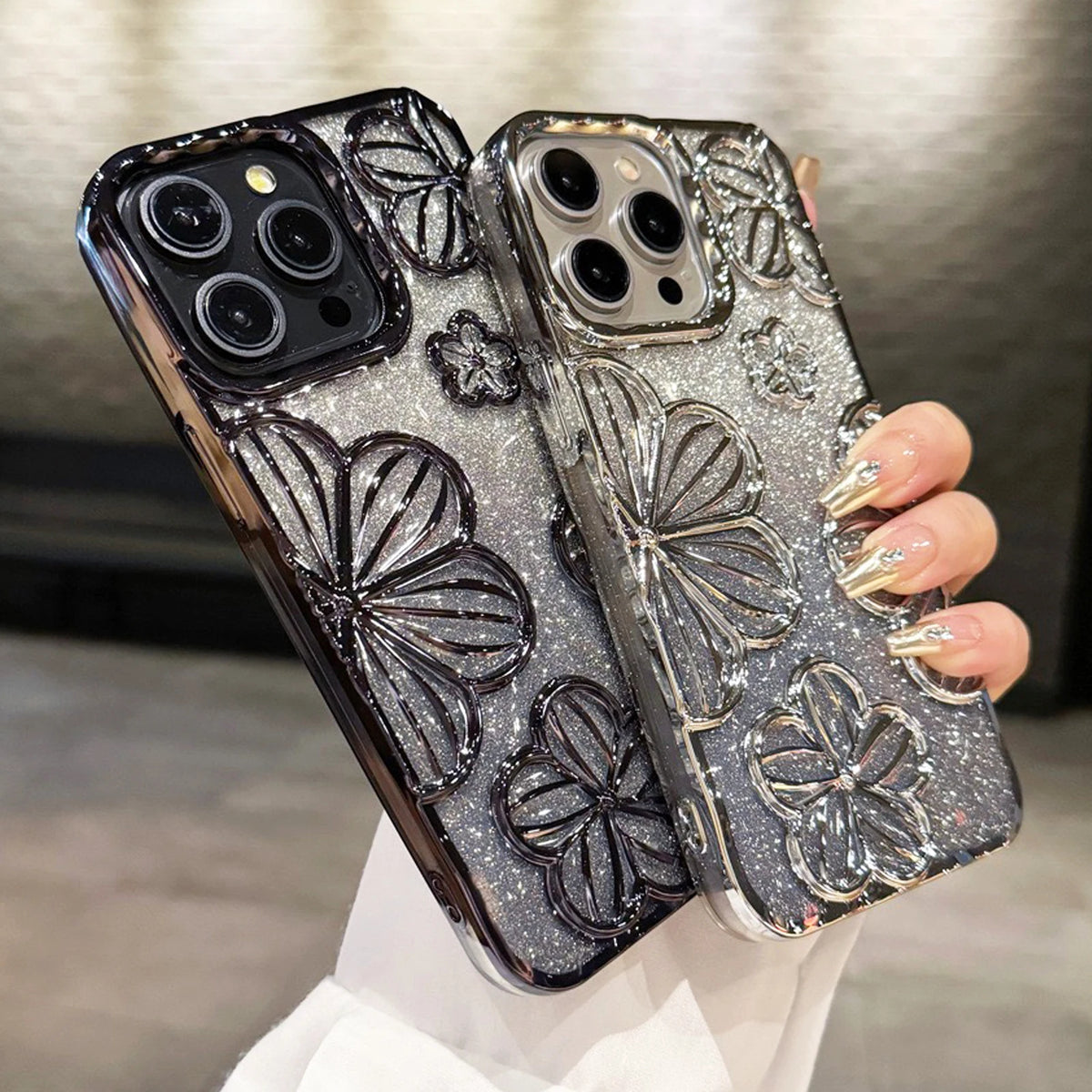 Glitter Plating Retro Leaking 3D Oil Painting Flower Anti-fall Phone Case for iPhone 11 12 13 14 15 16 17 Pro Max Back Cover