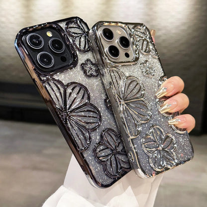 Glitter Plating Retro Leaking 3D Oil Painting Flower Anti-fall Phone Case for iPhone 11 12 13 14 15 16 17 Pro Max Back Cover
