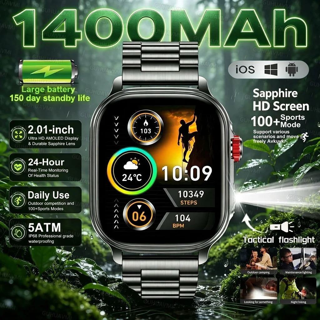 1400mAh Military Grade Smart Watch 200 Days Battery Life 5ATM Waterproof Bluetooth Call Alert LED Flashlight Sports Watches Men