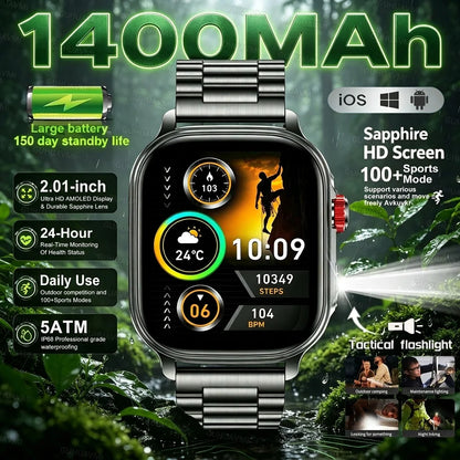 1400mAh Military Grade Smart Watch 200 Days Battery Life 5ATM Waterproof Bluetooth Call Alert LED Flashlight Sports Watches Men
