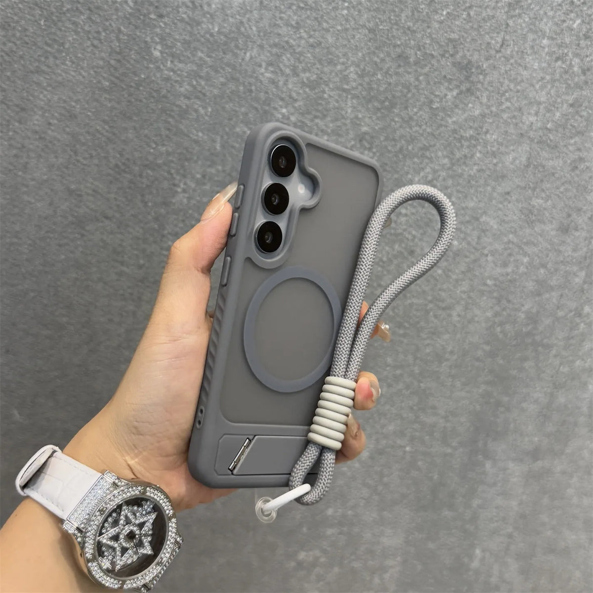 Business Matte Translucent Invisible Bracket Magnetic Case for Samsung Galaxy S26 S25 S24 S23 Ultra Plus FE Wrist Strap Cover