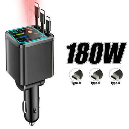 KEBIDUMEI 180W Car Charger PD30W USB 3.1A Phone Charger Digital Display Fast Charging Retractable Cable Adapter Auto Accessories
