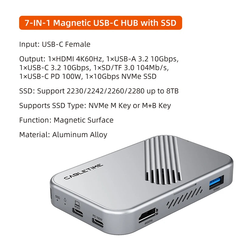 CABLETIME 7 IN 1 USB C HUB with NVMe SSD Magnetic 4K ProRes Video Recording SD/TF 3.0 Strong Magnetic Attachment for iPhone 17