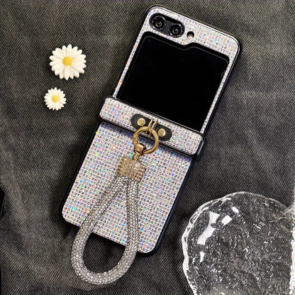 Luxury Faux Diamond Lanyard Phone Case For Samsung Galaxy Z Flip 8 6 5 4 3 Flip7 FE Shiny Bracelet Grid Shockproof Hard Cover