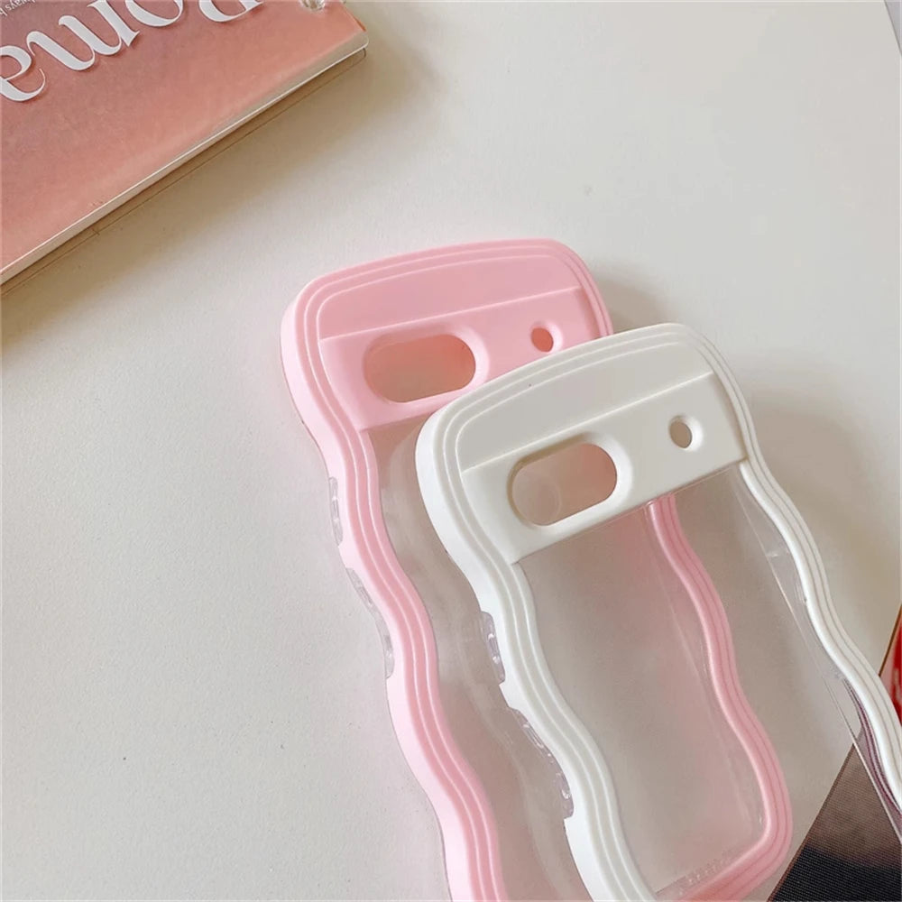 2IN1 Cute Curly Wavy Transparent Phone Case For Google Pixel 11 11Pro 10 10Pro 9 9Pro 9A 8 8A 7A Candy Color Shockproof Cover