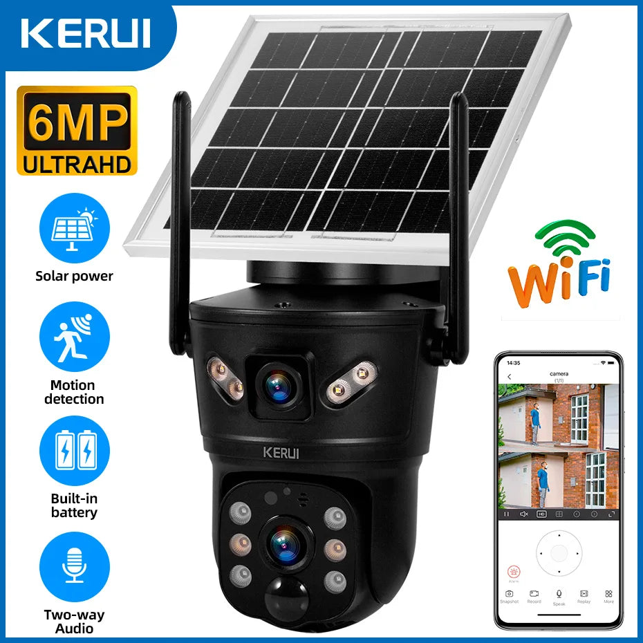 KERUI Outdoor Waterproof 6MP 4G SIM WIFI Solar Camera Dual Lens Camera Solar Panel Home Security CCTV Video Surveillance V380pro