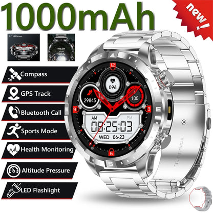 2026 New Military 1000mAh Battery Smart Watch 1.7-inch HD Large Screen LED Flashlight Sport Mode Bluetooth Call Smartwatch Men